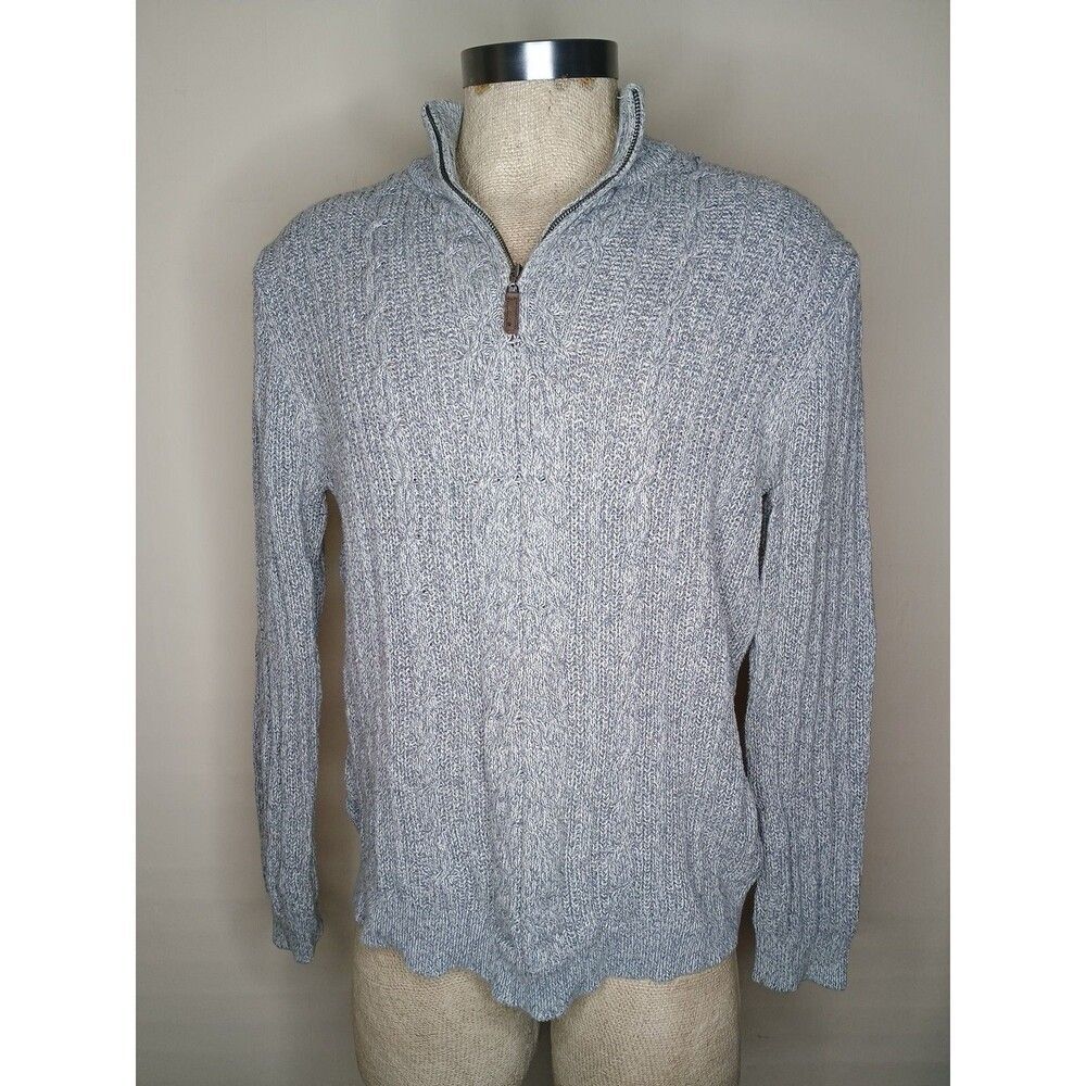 Tasso Elba Sweater Men’s Sz Large Grey Quarter Zip Cotton Cableknit Pullover